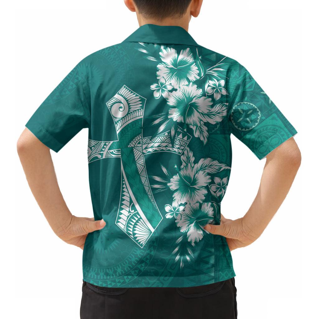 Kia Orana Cook Islands Tapa Floral With Cross Kid Hawaiian Shirt Deep Teal LT7 - Polynesian Pride