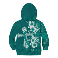 Kia Orana Cook Islands Tapa Floral With Cross Kid Hoodie Deep Teal LT7 - Polynesian Pride