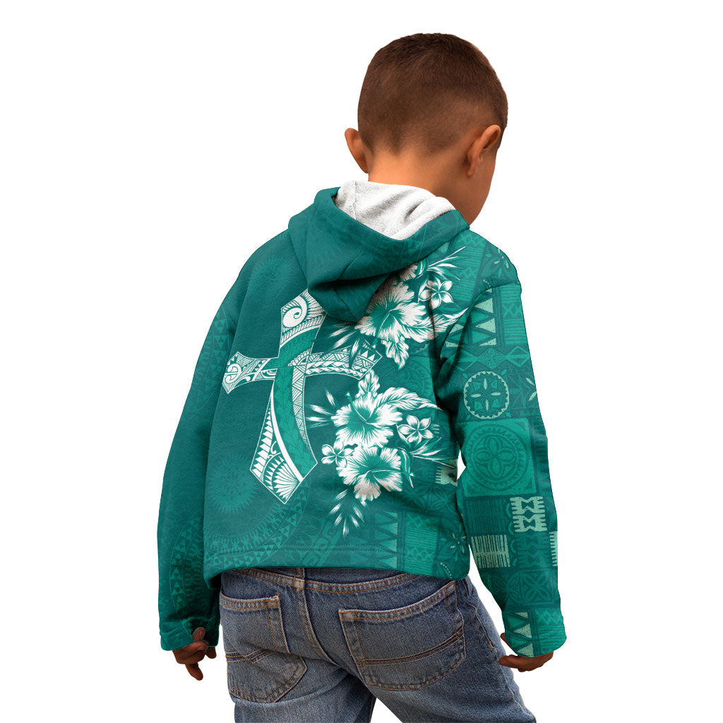 Kia Orana Cook Islands Tapa Floral With Cross Kid Hoodie Deep Teal LT7 - Polynesian Pride