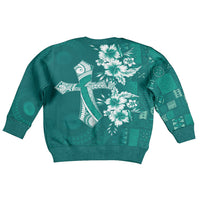 Kia Orana Cook Islands Tapa Floral With Cross Kid Ugly Christmas Sweater Deep Teal LT7 - Polynesian Pride