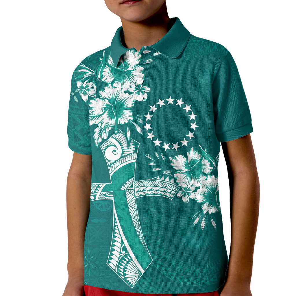 Kia Orana Cook Islands Tapa Floral With Cross Kid Polo Shirt Deep Teal LT7 Kid Deep Teal - Polynesian Pride
