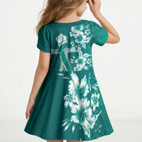 Kia Orana Cook Islands Tapa Floral With Cross Kid Short Sleeve Dress Deep Teal LT7 - Polynesian Pride