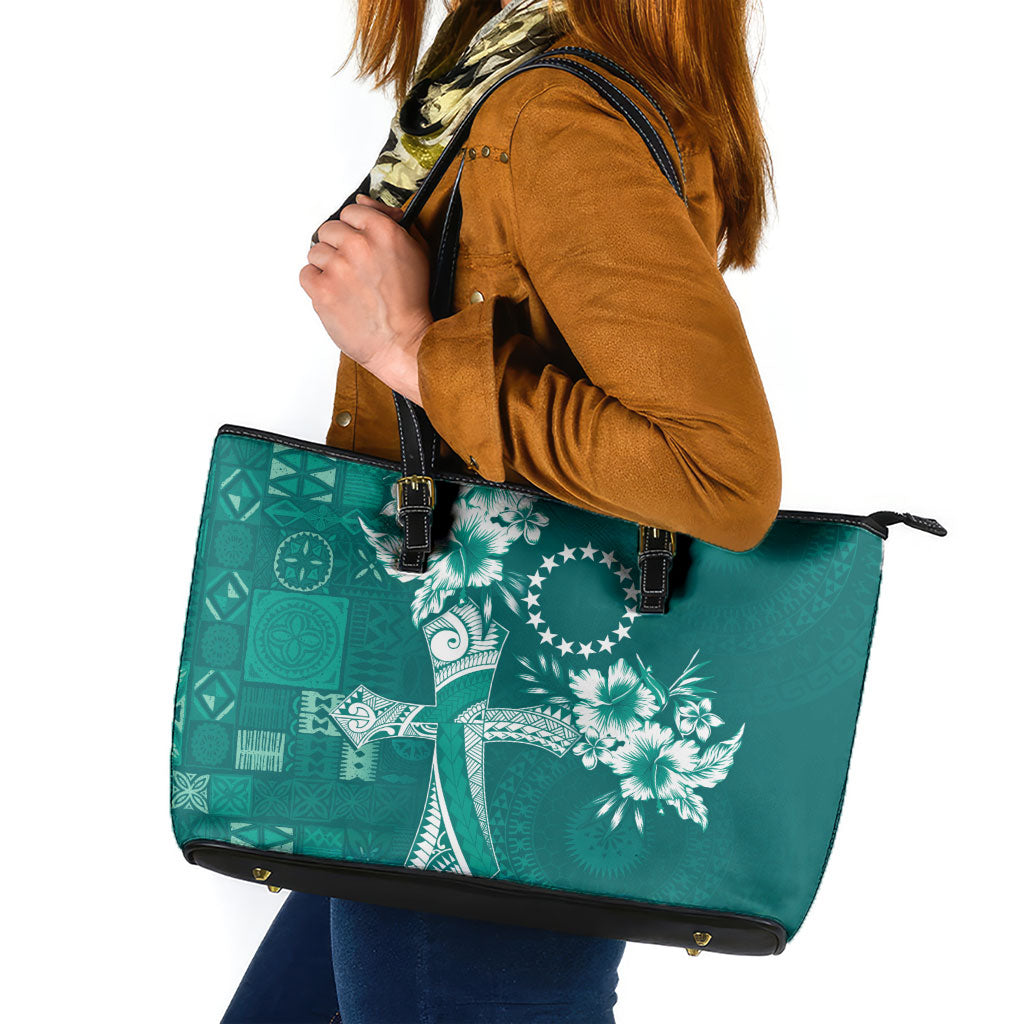 Kia Orana Cook Islands Tapa Floral With Cross Leather Tote Bag Deep Teal LT7 Deep Teal - Polynesian Pride