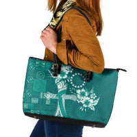 Kia Orana Cook Islands Tapa Floral With Cross Leather Tote Bag Deep Teal LT7 Deep Teal - Polynesian Pride
