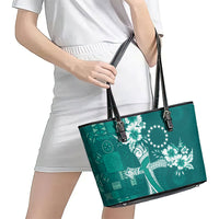 Kia Orana Cook Islands Tapa Floral With Cross Leather Tote Bag Deep Teal LT7 - Polynesian Pride