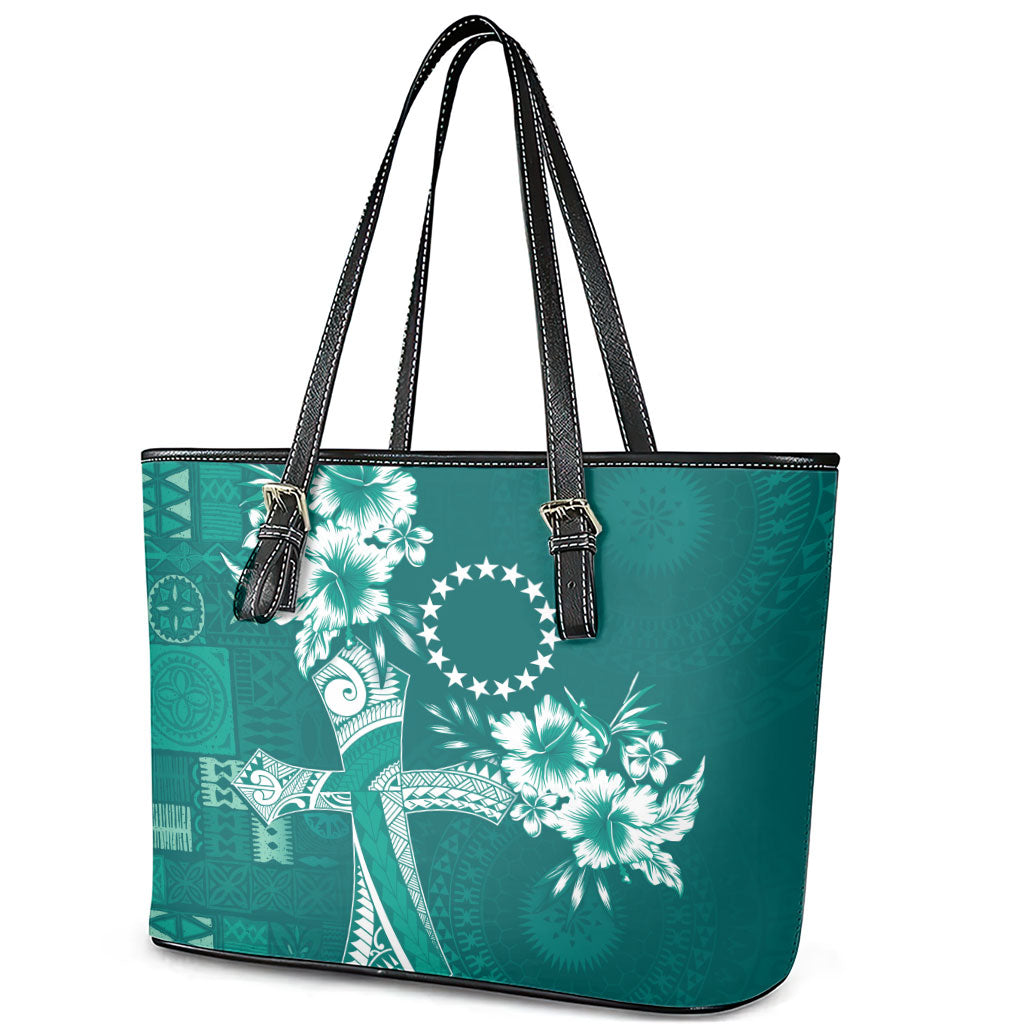 Kia Orana Cook Islands Tapa Floral With Cross Leather Tote Bag Deep Teal LT7 - Polynesian Pride