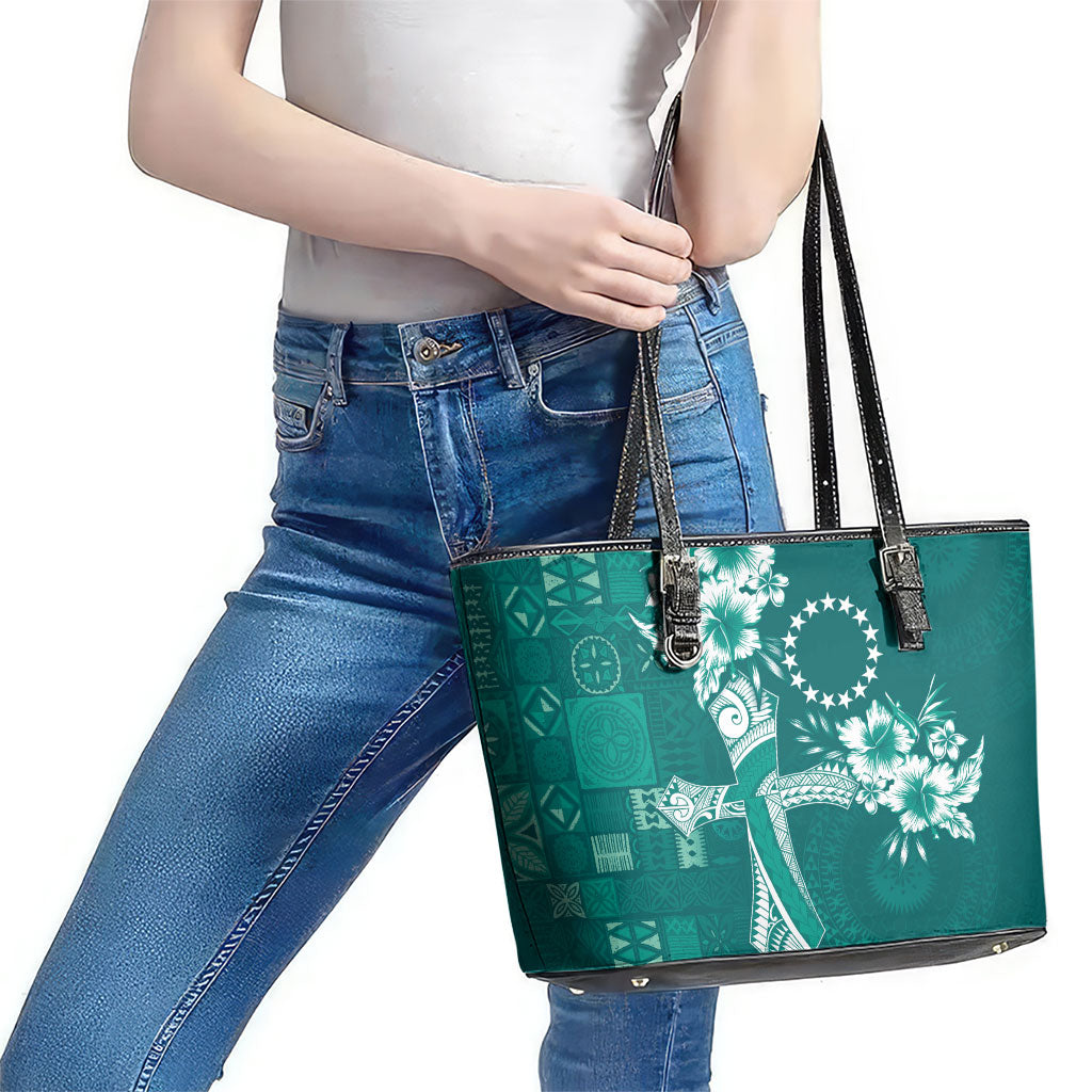 Kia Orana Cook Islands Tapa Floral With Cross Leather Tote Bag Deep Teal LT7 - Polynesian Pride