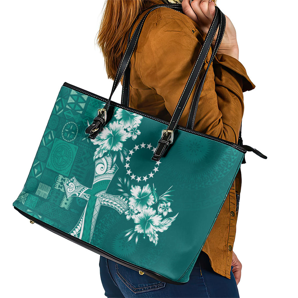 Kia Orana Cook Islands Tapa Floral With Cross Leather Tote Bag Deep Teal LT7 - Polynesian Pride