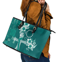 Kia Orana Cook Islands Tapa Floral With Cross Leather Tote Bag Deep Teal LT7 - Polynesian Pride