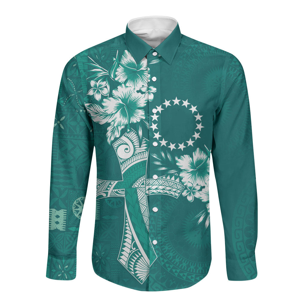 Kia Orana Cook Islands Tapa Floral With Cross Long Sleeve Button Shirt Deep Teal