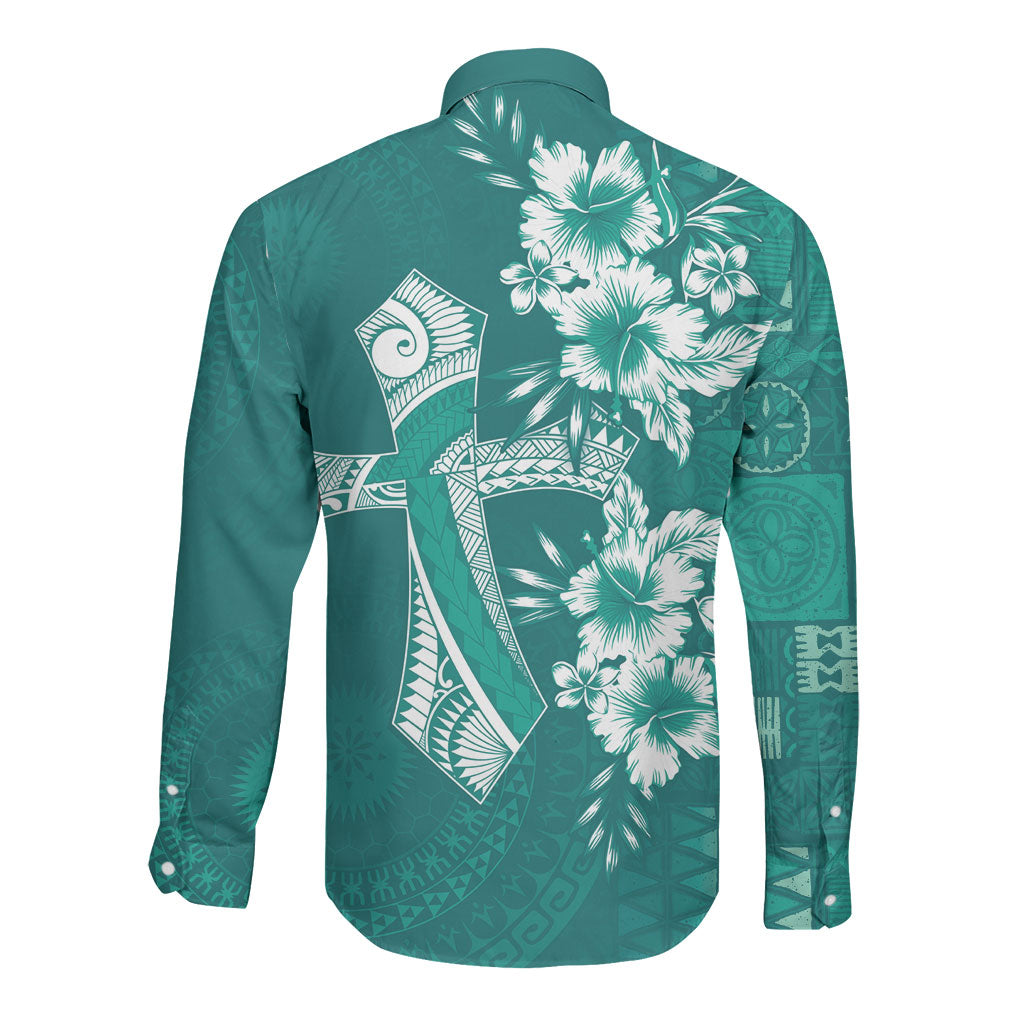 Kia Orana Cook Islands Tapa Floral With Cross Long Sleeve Button Shirt Deep Teal