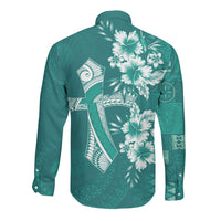 Kia Orana Cook Islands Tapa Floral With Cross Long Sleeve Button Shirt Deep Teal