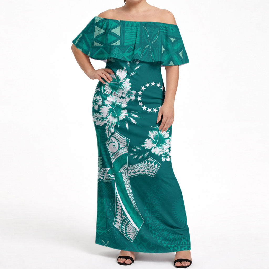 Kia Orana Cook Islands Tapa Floral With Cross Off Shoulder Maxi Dress Deep Teal LT7 Women Deep Teal - Polynesian Pride