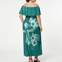 Kia Orana Cook Islands Tapa Floral With Cross Off Shoulder Maxi Dress Deep Teal LT7 - Polynesian Pride