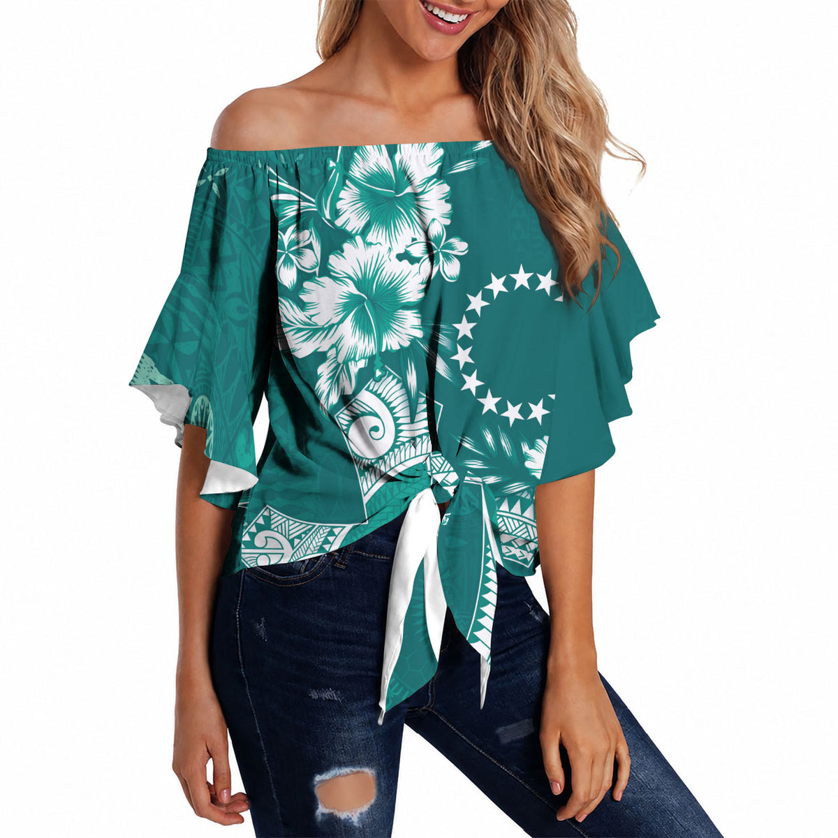 Kia Orana Cook Islands Tapa Floral With Cross Off Shoulder Wrap Waist Top Deep Teal LT7 Deep Teal - Polynesian Pride
