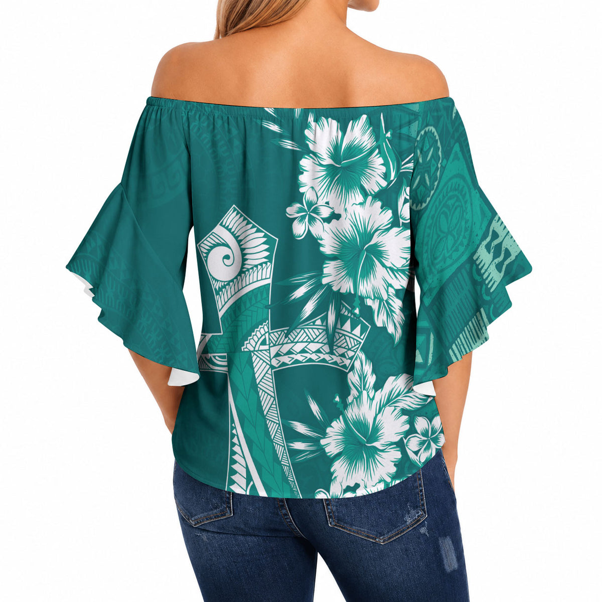 Kia Orana Cook Islands Tapa Floral With Cross Off Shoulder Wrap Waist Top Deep Teal LT7 - Polynesian Pride