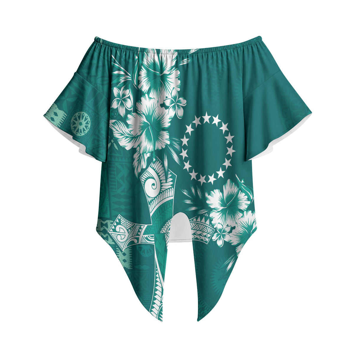 Kia Orana Cook Islands Tapa Floral With Cross Off Shoulder Wrap Waist Top Deep Teal LT7 - Polynesian Pride