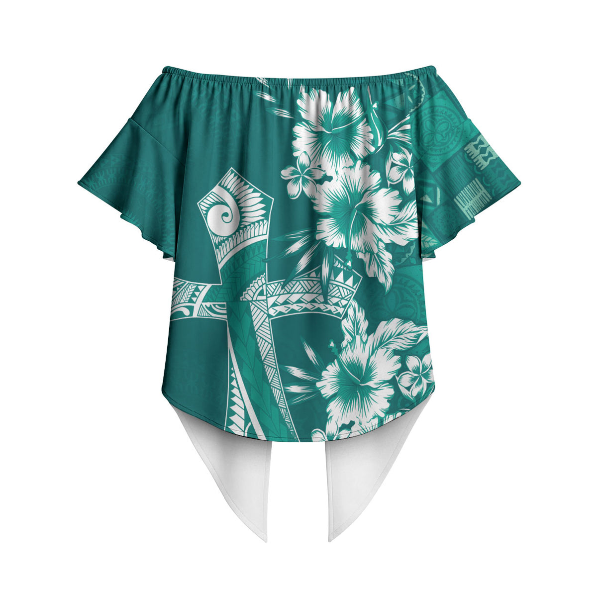 Kia Orana Cook Islands Tapa Floral With Cross Off Shoulder Wrap Waist Top Deep Teal LT7 - Polynesian Pride
