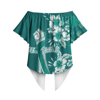 Kia Orana Cook Islands Tapa Floral With Cross Off Shoulder Wrap Waist Top Deep Teal LT7 - Polynesian Pride