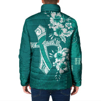 Kia Orana Cook Islands Tapa Floral With Cross Padded Jacket Deep Teal