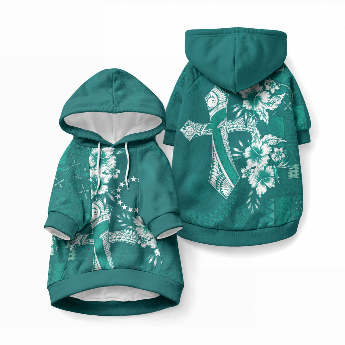 Kia Orana Cook Islands Tapa Floral With Cross Pet Hoodie Deep Teal LT7 Pullover Deep Teal - Polynesian Pride