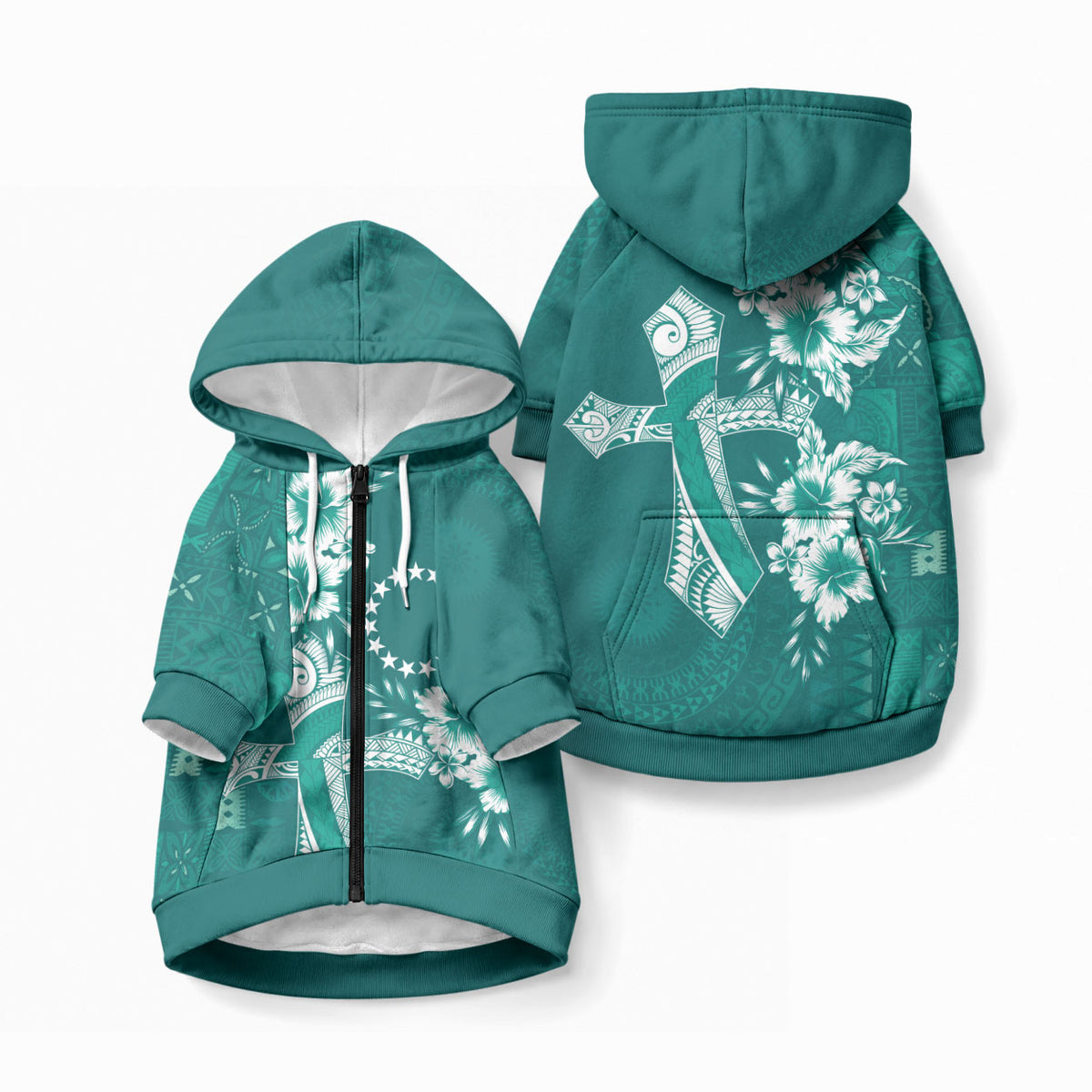 Kia Orana Cook Islands Tapa Floral With Cross Pet Hoodie Deep Teal LT7 Zip-up Deep Teal - Polynesian Pride