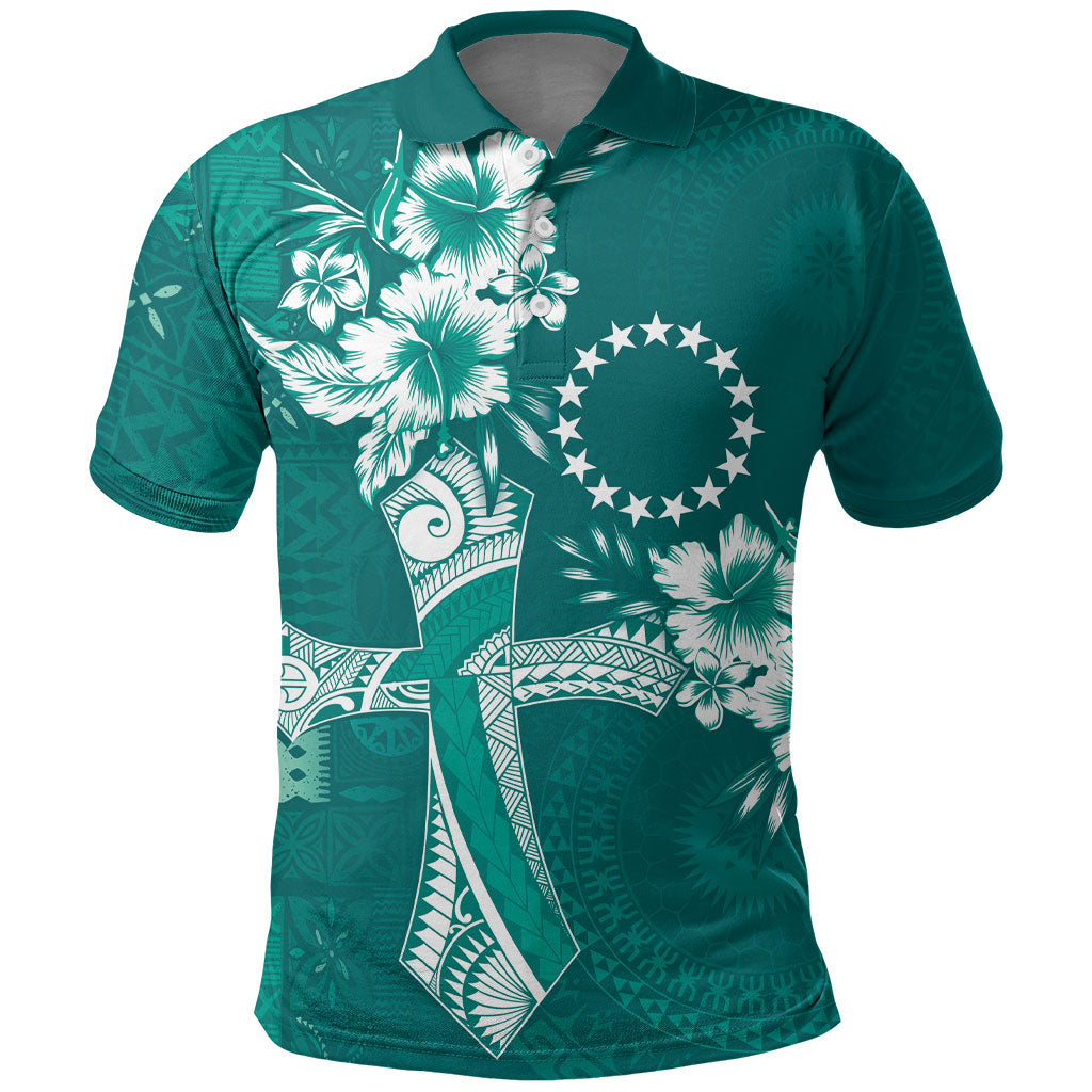 Kia Orana Cook Islands Tapa Floral With Cross Polo Shirt Deep Teal LT7 Deep Teal - Polynesian Pride