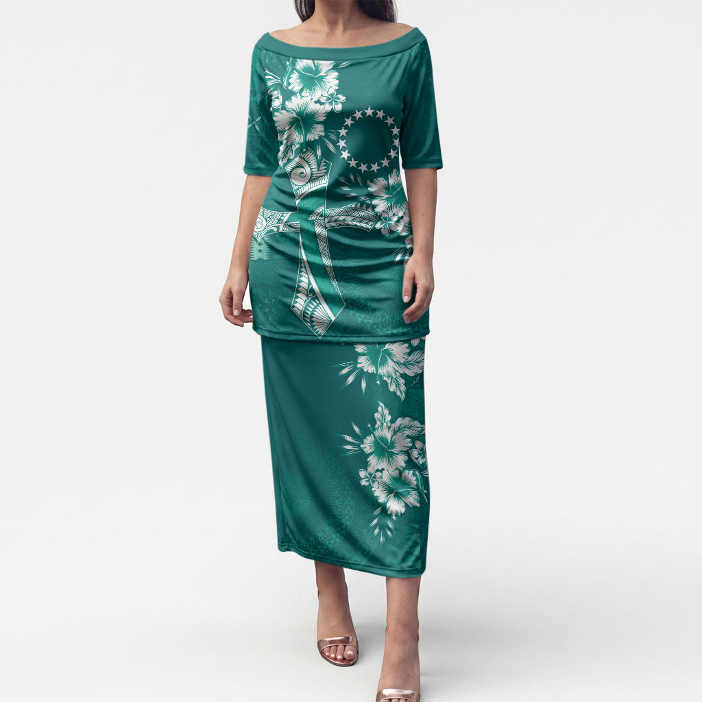 Kia Orana Cook Islands Tapa Floral With Cross Puletasi Deep Teal LT7 Long Dress Deep Teal - Polynesian Pride