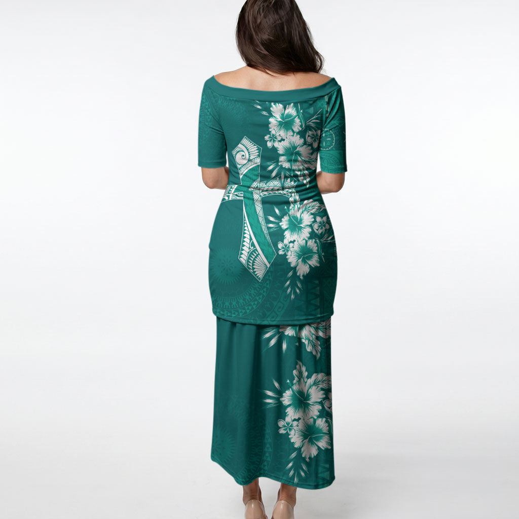Kia Orana Cook Islands Tapa Floral With Cross Puletasi Deep Teal LT7 - Polynesian Pride