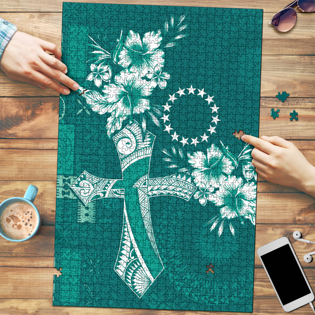 Kia Orana Cook Islands Tapa Floral With Cross Puzzle Deep Teal