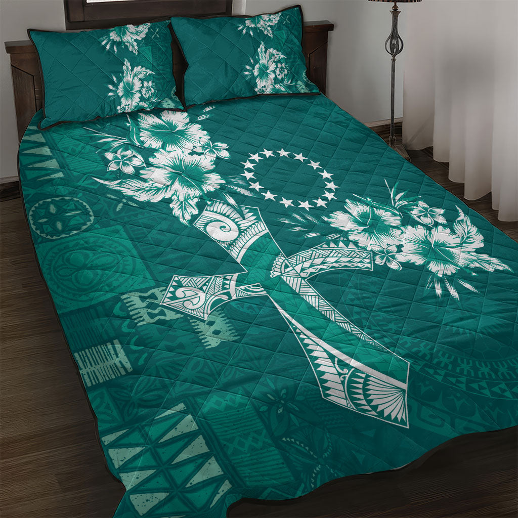 Kia Orana Cook Islands Tapa Floral With Cross Quilt Bed Set Deep Teal