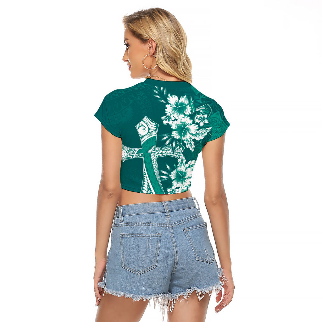 Kia Orana Cook Islands Tapa Floral With Cross Raglan Cropped T Shirt Deep Teal LT7 - Polynesian Pride