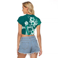Kia Orana Cook Islands Tapa Floral With Cross Raglan Cropped T Shirt Deep Teal LT7 - Polynesian Pride