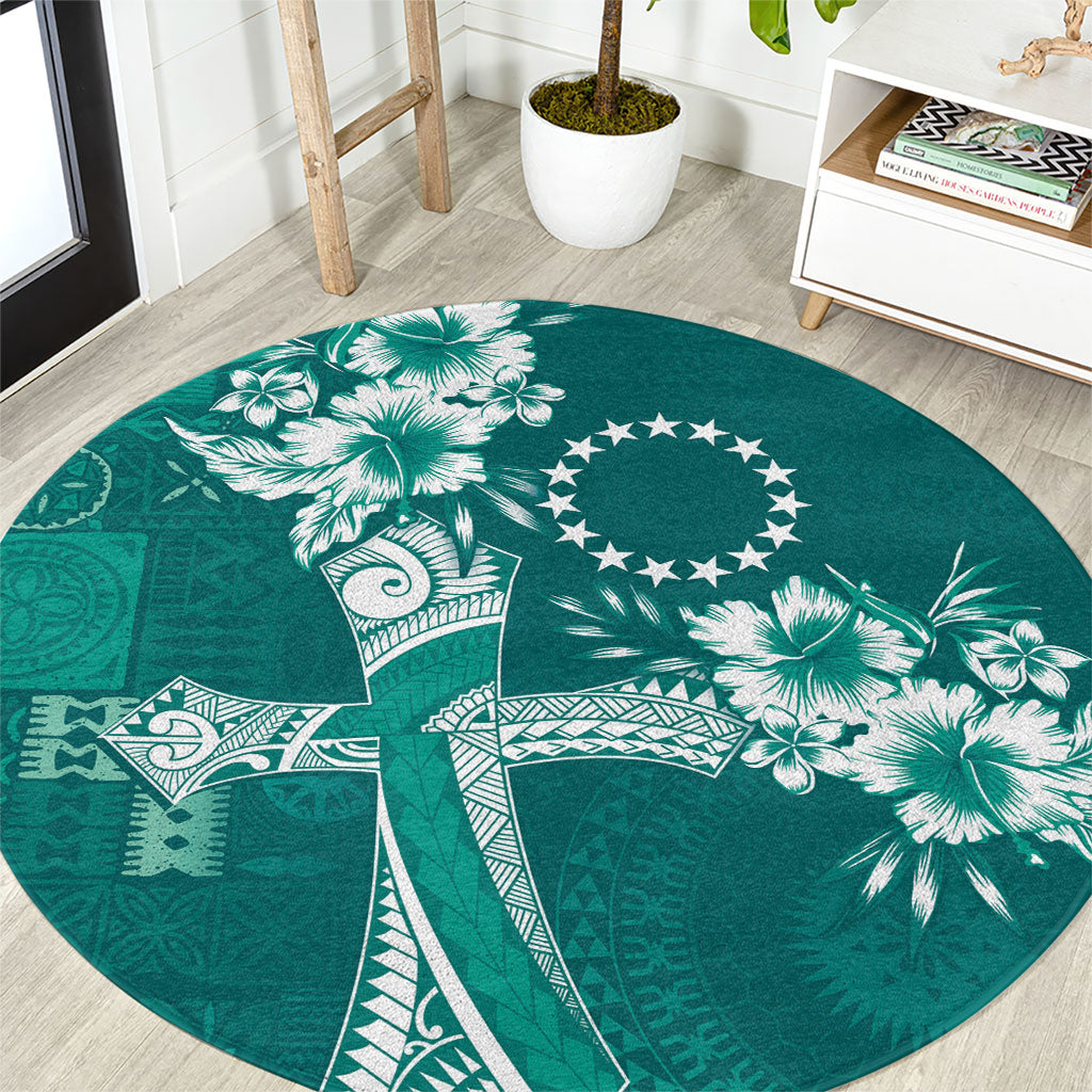 Kia Orana Cook Islands Tapa Floral With Cross Round Carpet Deep Teal