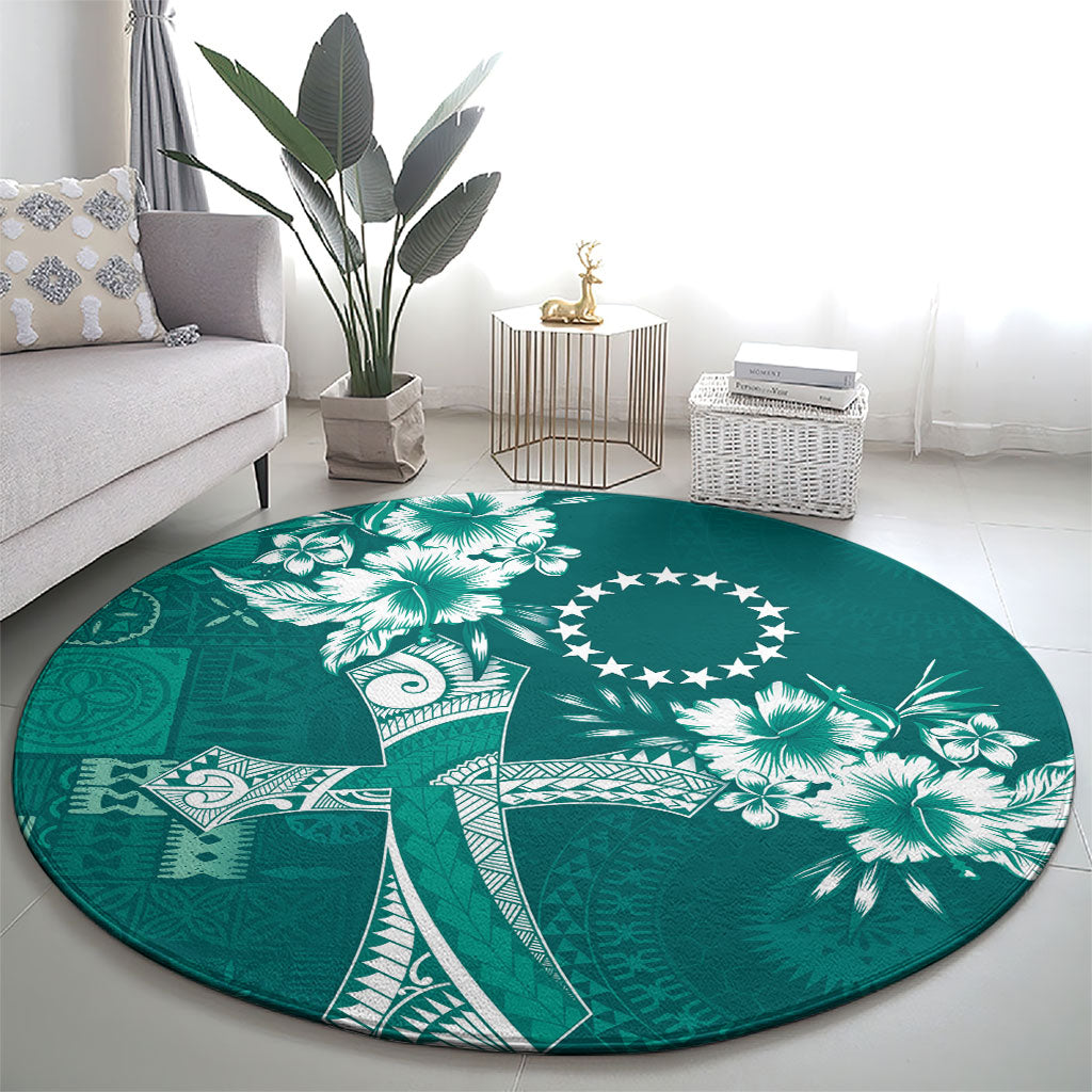 Kia Orana Cook Islands Tapa Floral With Cross Round Carpet Deep Teal