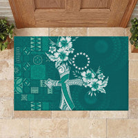 Kia Orana Cook Islands Tapa Floral With Cross Rubber Doormat Deep Teal