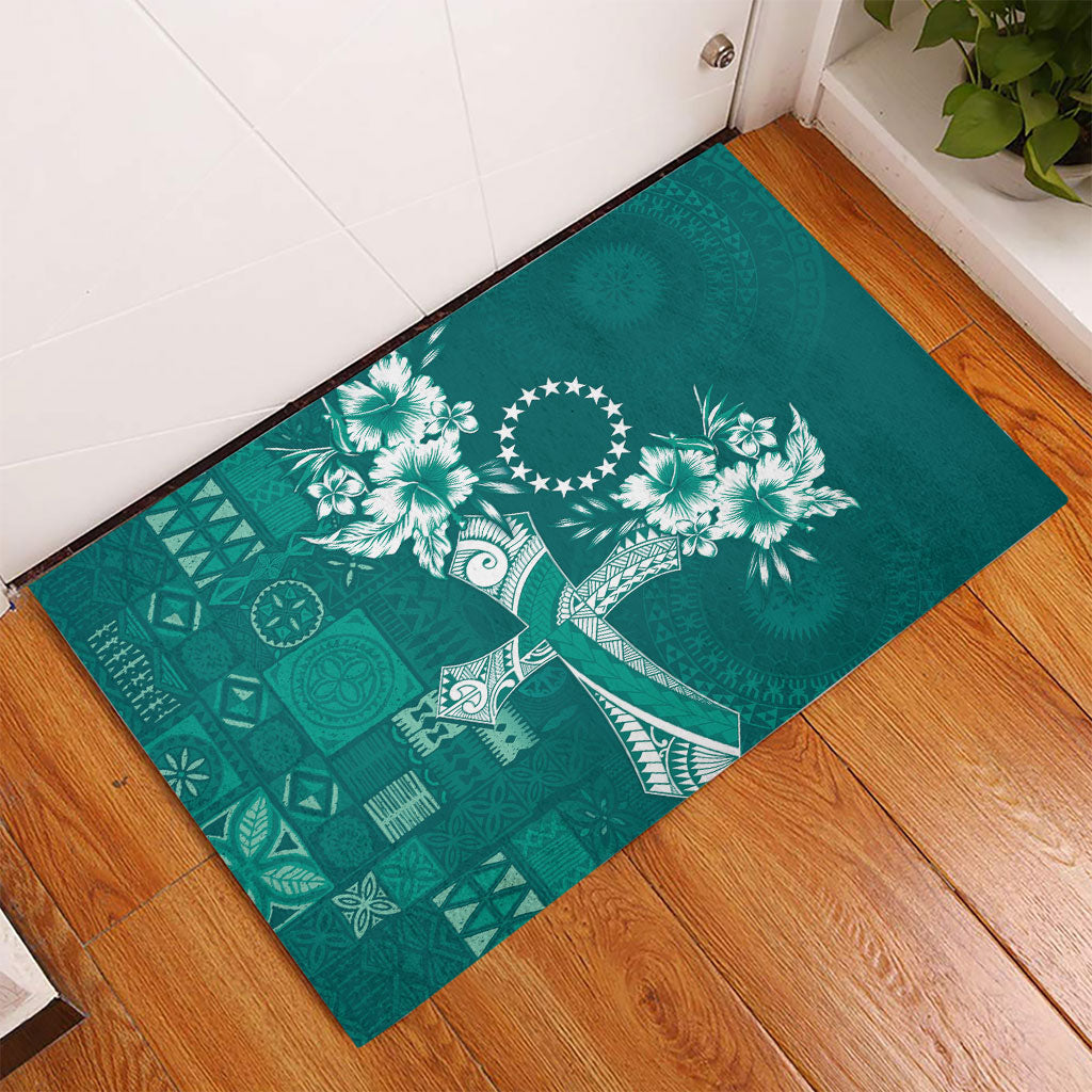 Kia Orana Cook Islands Tapa Floral With Cross Rubber Doormat Deep Teal