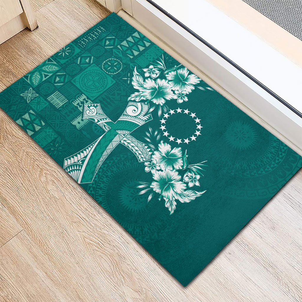Kia Orana Cook Islands Tapa Floral With Cross Rubber Doormat Deep Teal