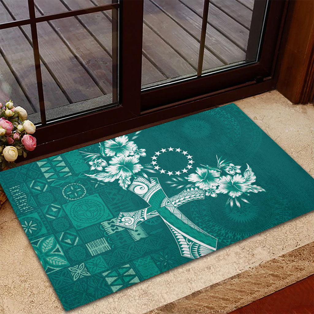 Kia Orana Cook Islands Tapa Floral With Cross Rubber Doormat Deep Teal