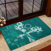 Kia Orana Cook Islands Tapa Floral With Cross Rubber Doormat Deep Teal