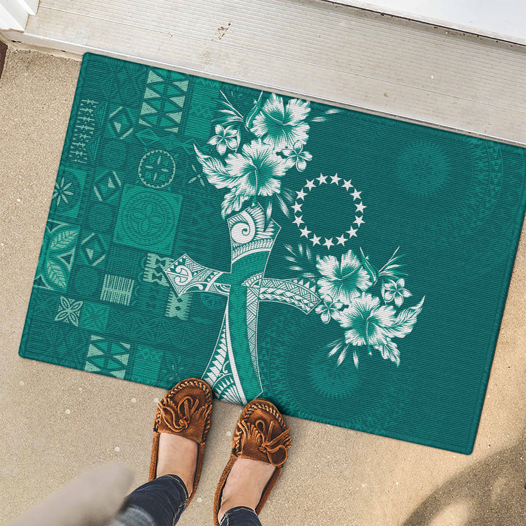 Kia Orana Cook Islands Tapa Floral With Cross Rubber Doormat Deep Teal