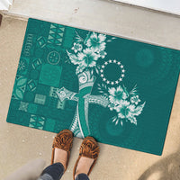 Kia Orana Cook Islands Tapa Floral With Cross Rubber Doormat Deep Teal