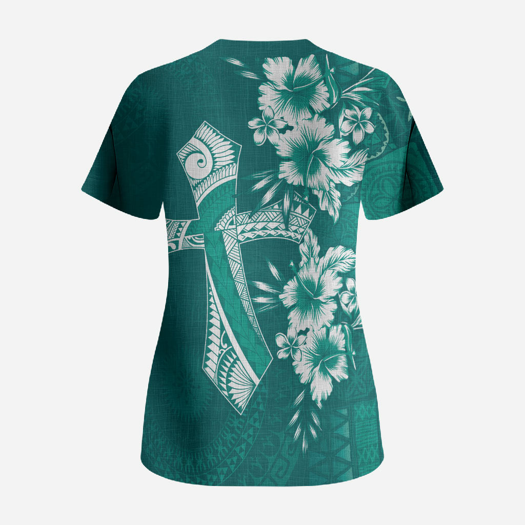 Kia Orana Cook Islands Tapa Floral With Cross Scrub Top Deep Teal