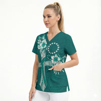 Kia Orana Cook Islands Tapa Floral With Cross Scrub Top Deep Teal