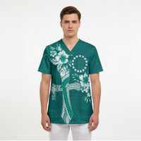 Kia Orana Cook Islands Tapa Floral With Cross Scrub Top Deep Teal