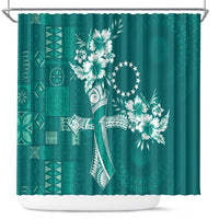 Kia Orana Cook Islands Tapa Floral With Cross Shower Curtain Deep Teal LT7 Deep Teal - Polynesian Pride