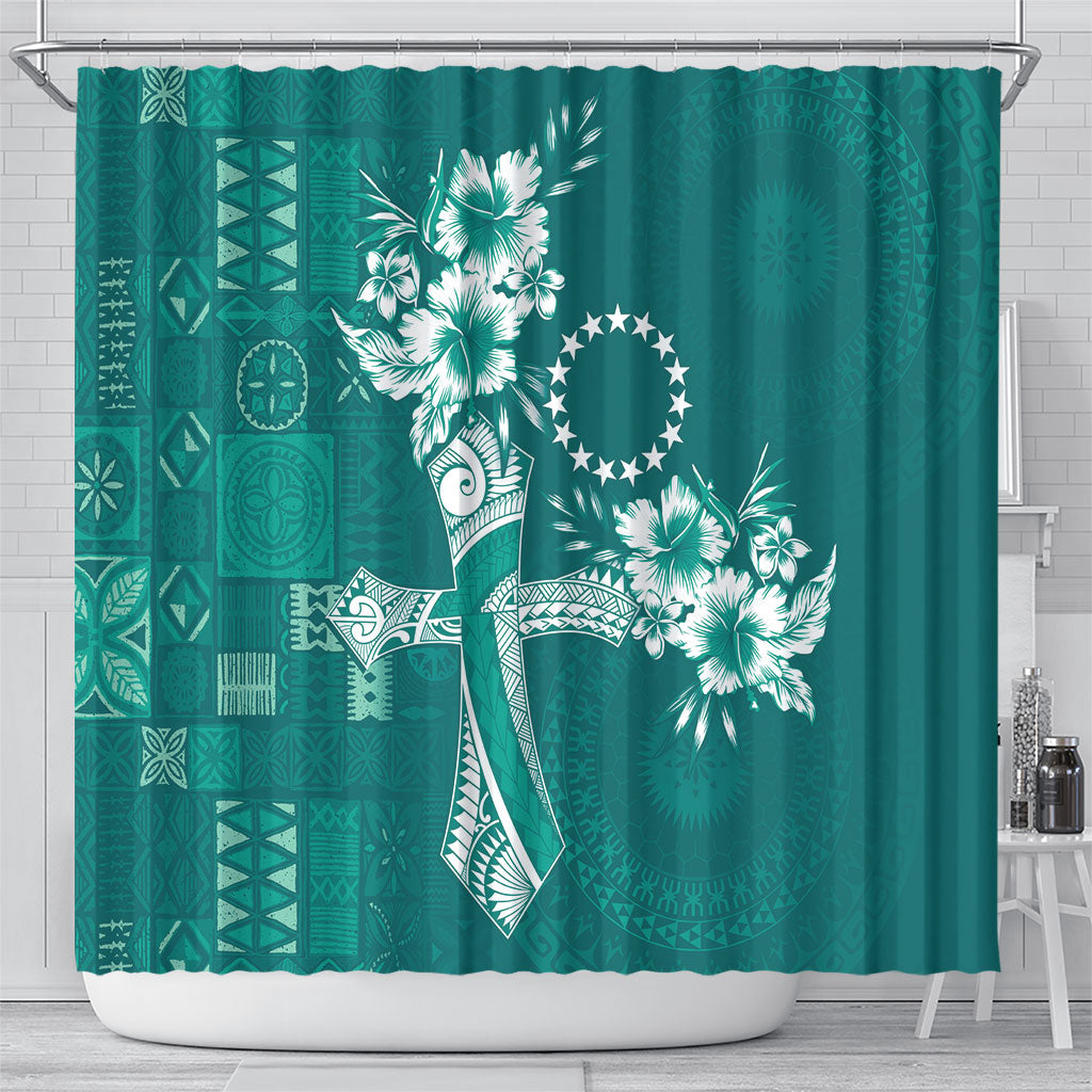 Kia Orana Cook Islands Tapa Floral With Cross Shower Curtain Deep Teal LT7 - Polynesian Pride