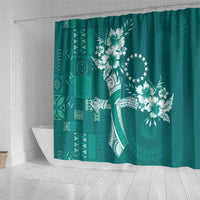 Kia Orana Cook Islands Tapa Floral With Cross Shower Curtain Deep Teal LT7 - Polynesian Pride