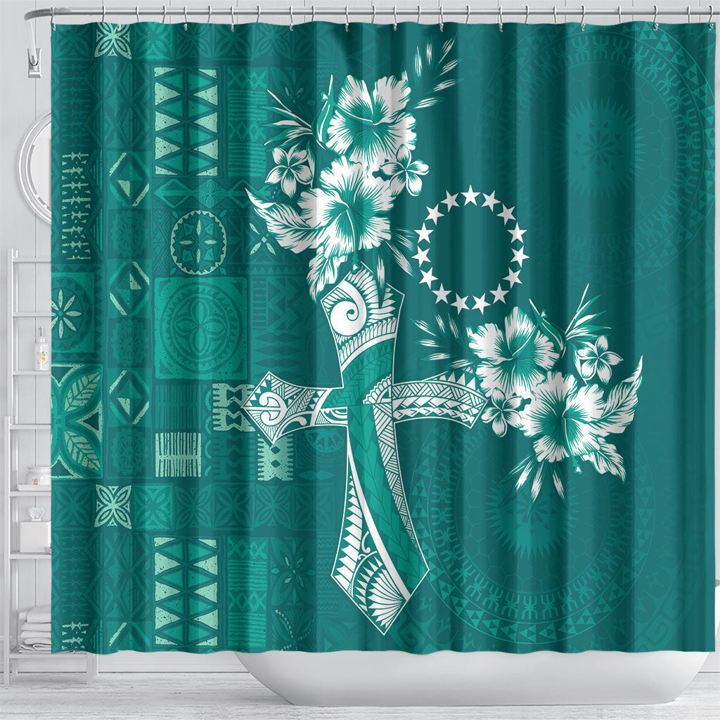 Kia Orana Cook Islands Tapa Floral With Cross Shower Curtain Deep Teal LT7 - Polynesian Pride