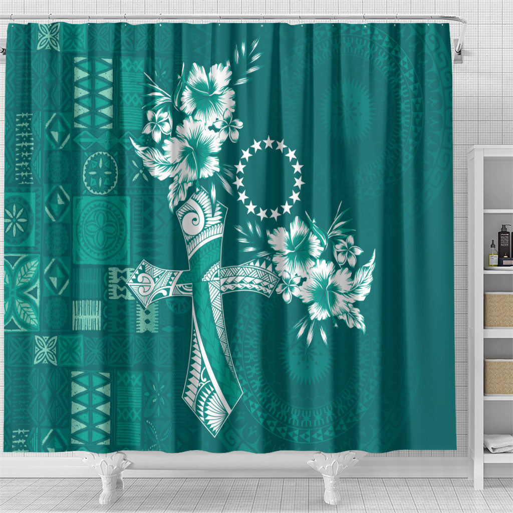 Kia Orana Cook Islands Tapa Floral With Cross Shower Curtain Deep Teal LT7 - Polynesian Pride